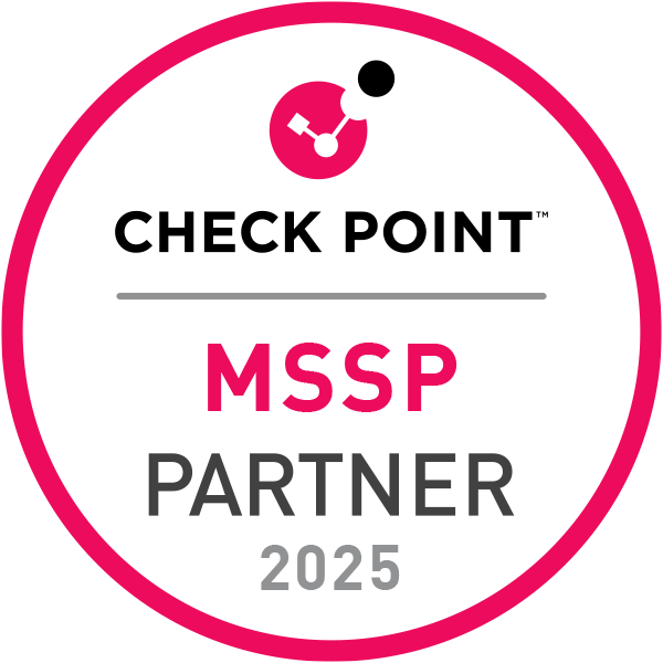 A circular badge with a pink border and black background, featuring a small icon of a satellite dish at the top. The text in the center reads 'CHECK POINT MSSP PARTNER 2025' with 'MSSP' in pink and the rest in gray.