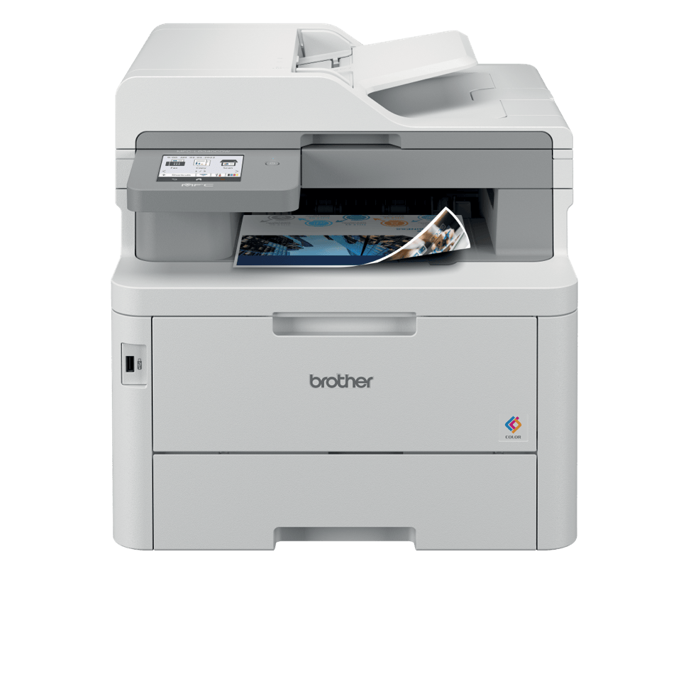 A modern Brother color laser printer printing a photo.