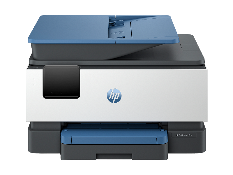 A modern HP all-in-one laser printer with a blue top, black control panel, and white body, situated on a table.