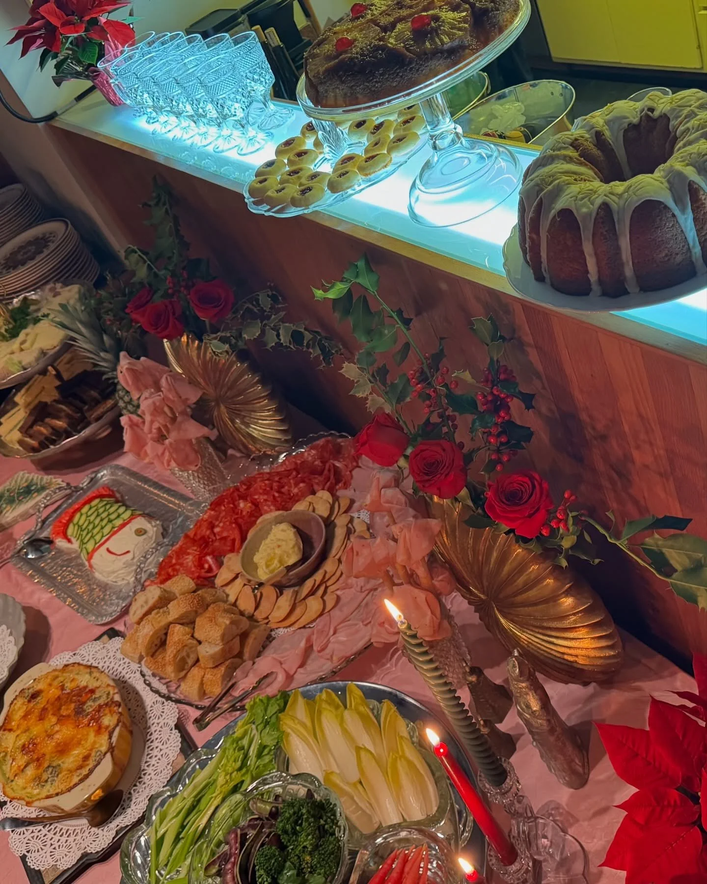 Retro holiday spread. They asked for 60s/70s Christmas. If you wanna get down this is the way to do it. 

Some highlights:
1. Bundt, pineapple upside down, thumbprint cookies
2. Mom&rsquo;s meatloaf 
3. Shrimp cocktail 
4. Measuring spoons
5. A fish 