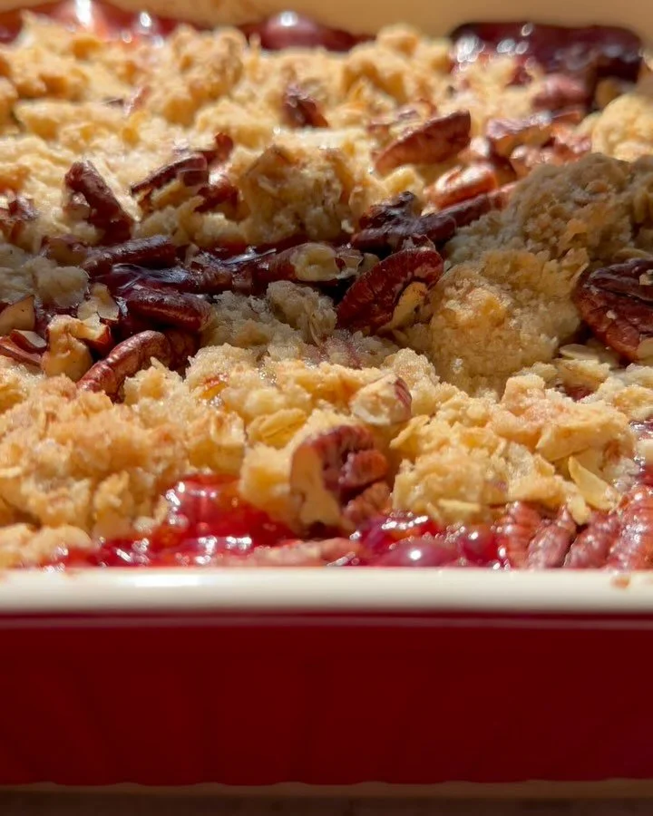 Cherry Pecan Crumble 

-First step is hard work: you have to pit the cherries
-Second step is hard work: you have to crack the pecans 
-Make a shaggy crumb with oats, flour, butter, sugar, salt
-Dust the cherries in a little corn starch 
-Load up the
