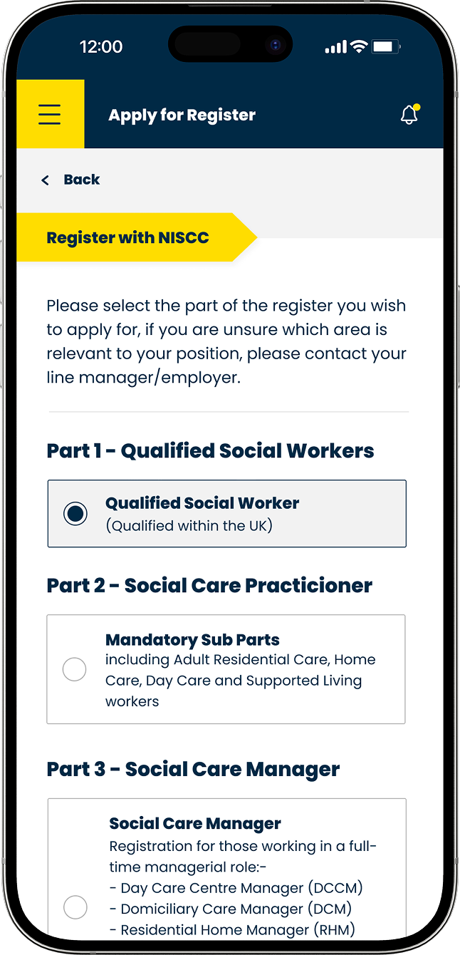 Northern Ireland Social Care Council app view registration form process