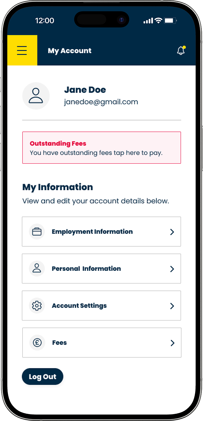 Northern Ireland Social Care Council app view account with outstanding fees