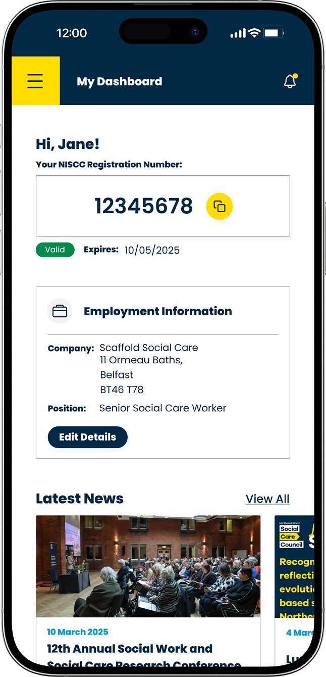 Northern Ireland Social Care Council app view dashboard