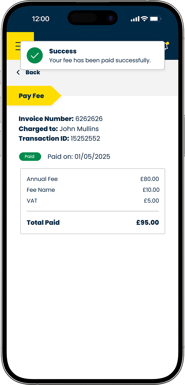 Northern Ireland Social Care Council app fee's successfully paid screen