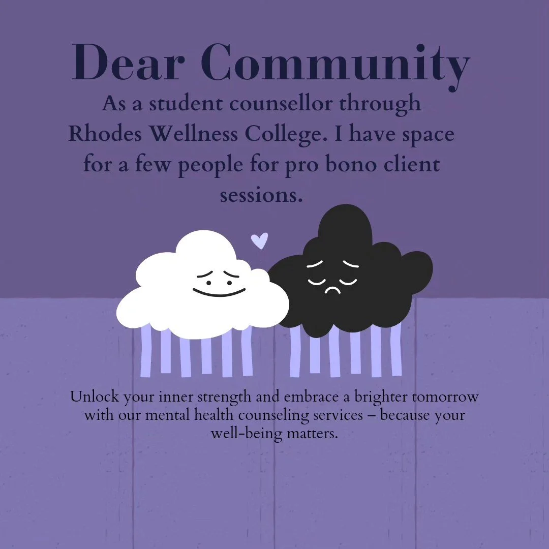 ✨️Free Counselling Opportunities ✨️

Feeling overwhelmed or uncertain and need someone to talk to? As a student counsellor, I am offering a limited number of pro bono sessions to hold space for deeper inquiry &amp; integration to support your overall