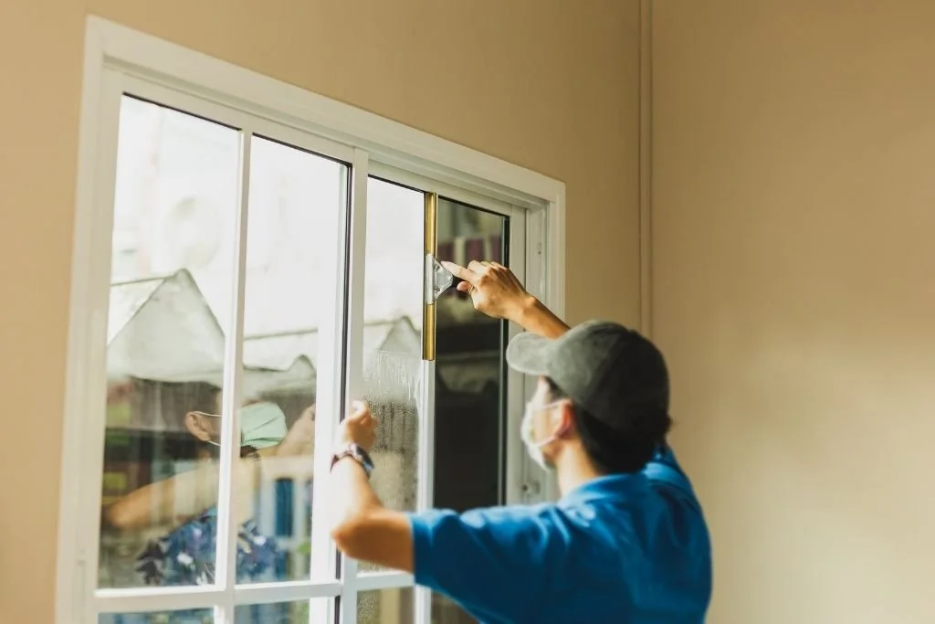 Professional installer applying residential window film to a home window for heat, glare, and UV protection.