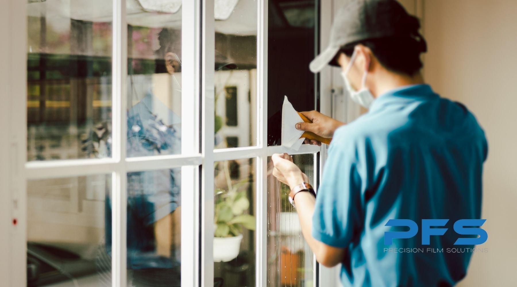Technician installing residential window film on a home window to improve energy efficiency and reduce glare