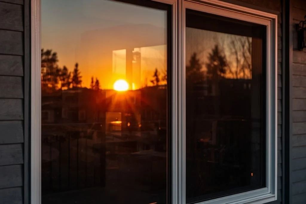 Tinted home windows reflecting a sunset, showing residential window film for privacy, heat reduction, and glare control.