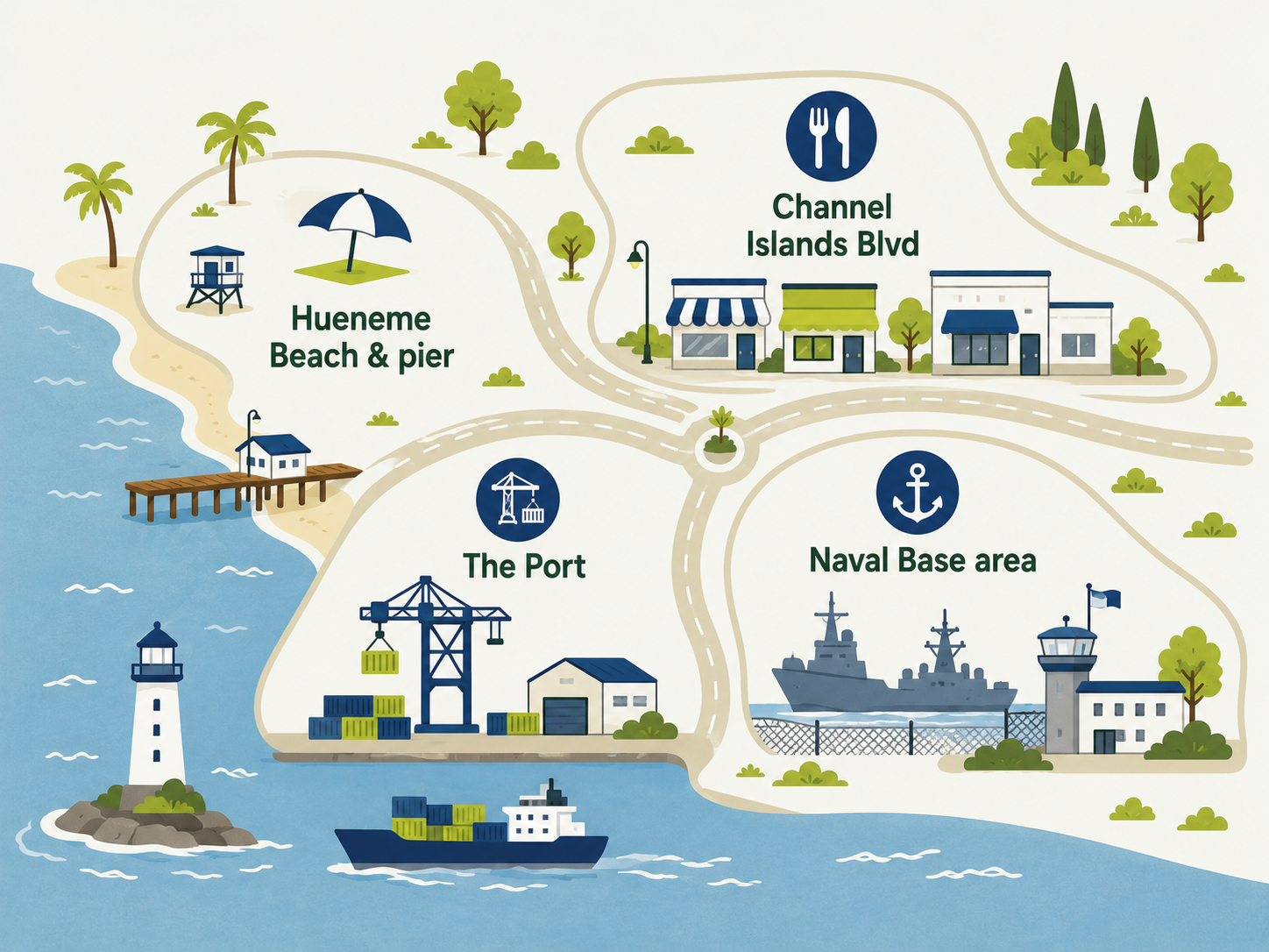 Illustrated map of Port Hueneme business areas: Hueneme Beach and pier, Channel Islands Boulevard, the Port of Hueneme waterfront, and the Naval Base gate area