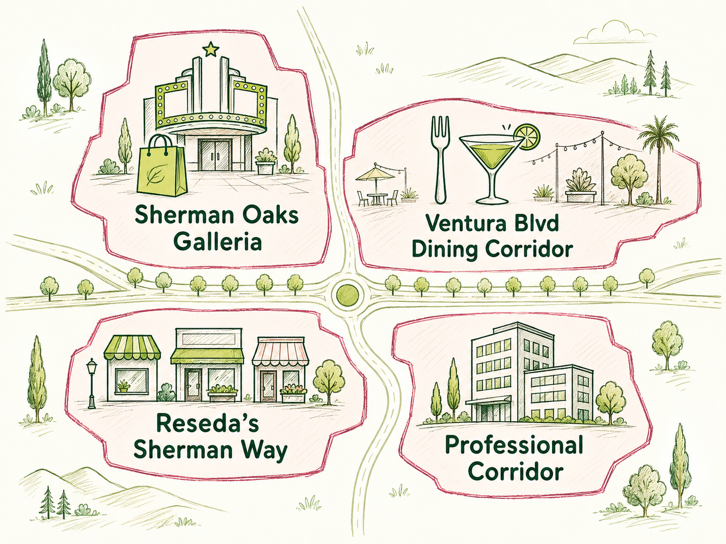 Illustrated map of Sherman Oaks business areas: the Galleria, the Ventura Blvd dining corridor, Reseda's Sherman Way, and the young-professional office corridor