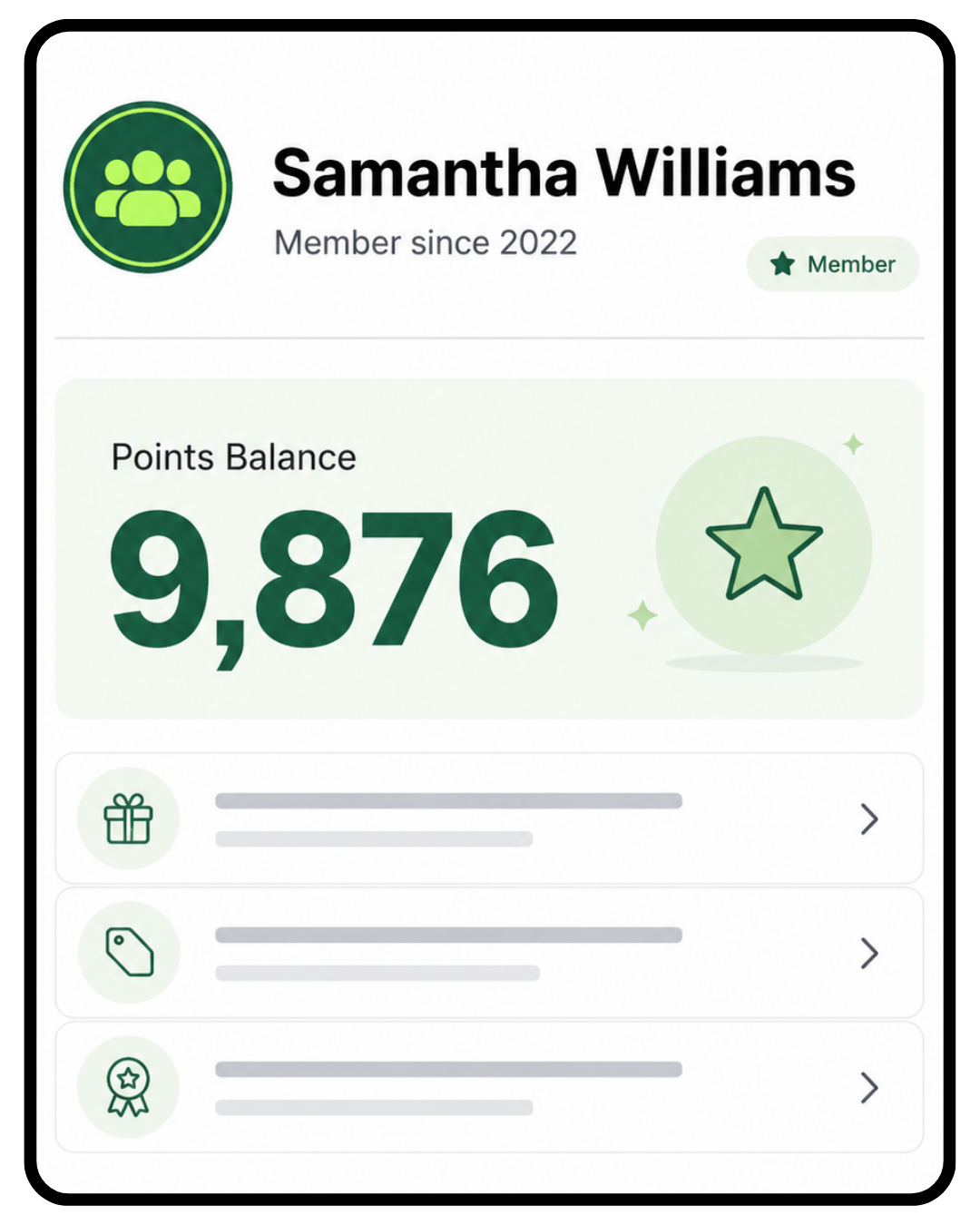 Mobile app screen showing a points balance of 9,876 for a user named Samantha Williams, who has been a member since 2022.