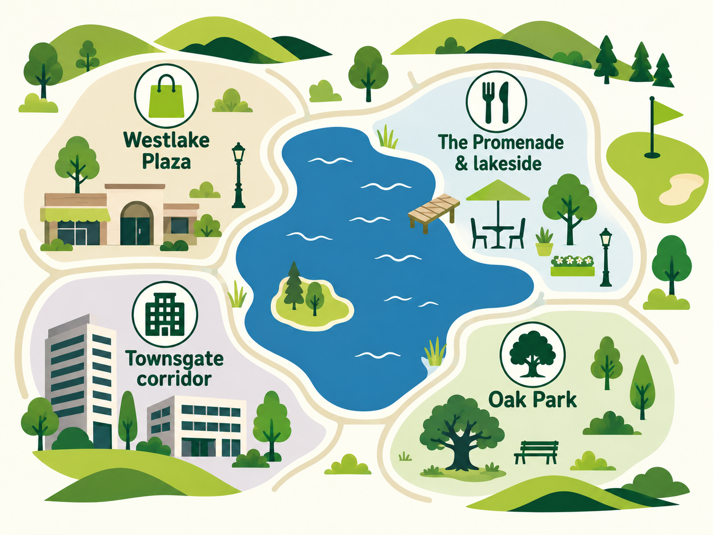 Illustrated map of Westlake Village business areas: The Promenade and lakeside dining, Westlake Plaza retail, the Townsgate corporate corridor, and Oak Park