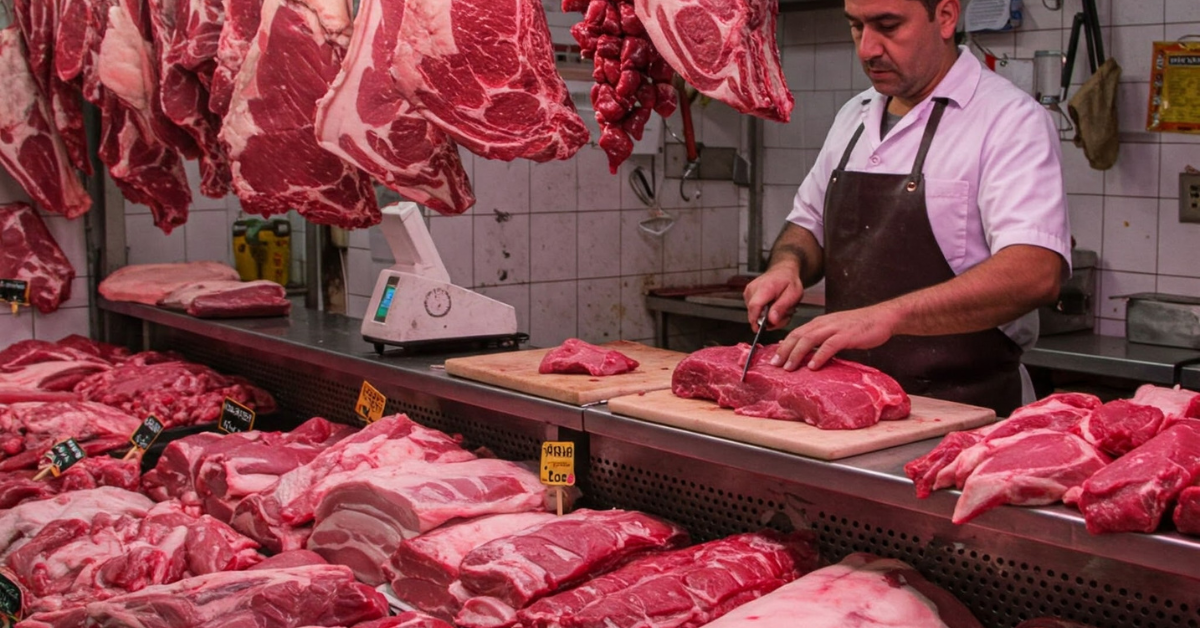 A man in a white shirt and black apron is slicing a large piece of raw beef in a butcher shop, surrounded by hanging and displayed cuts of beef.