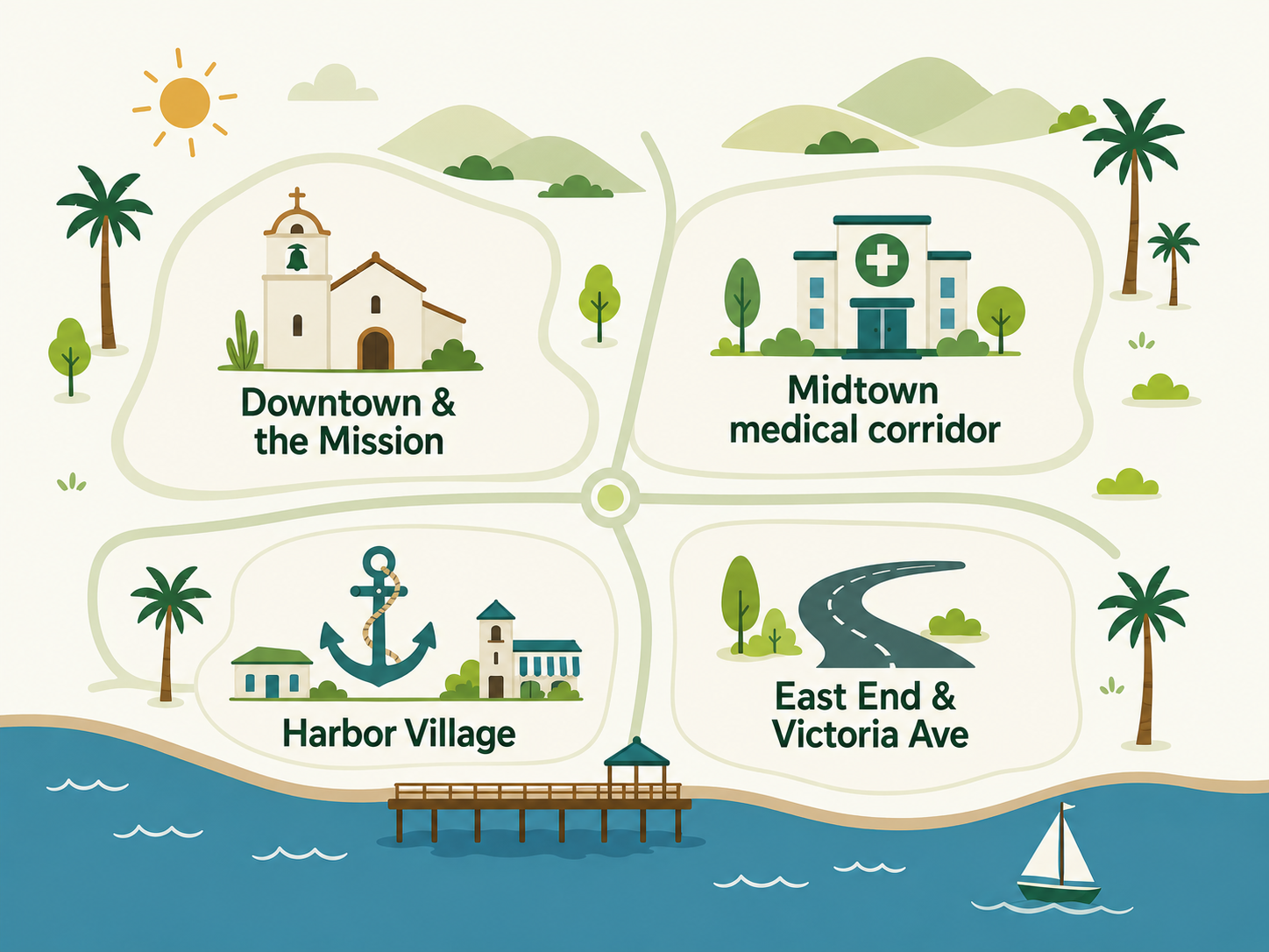 Illustrated map of Ventura business areas: downtown Main Street, Ventura Harbor Village, midtown medical corridor, and the East End