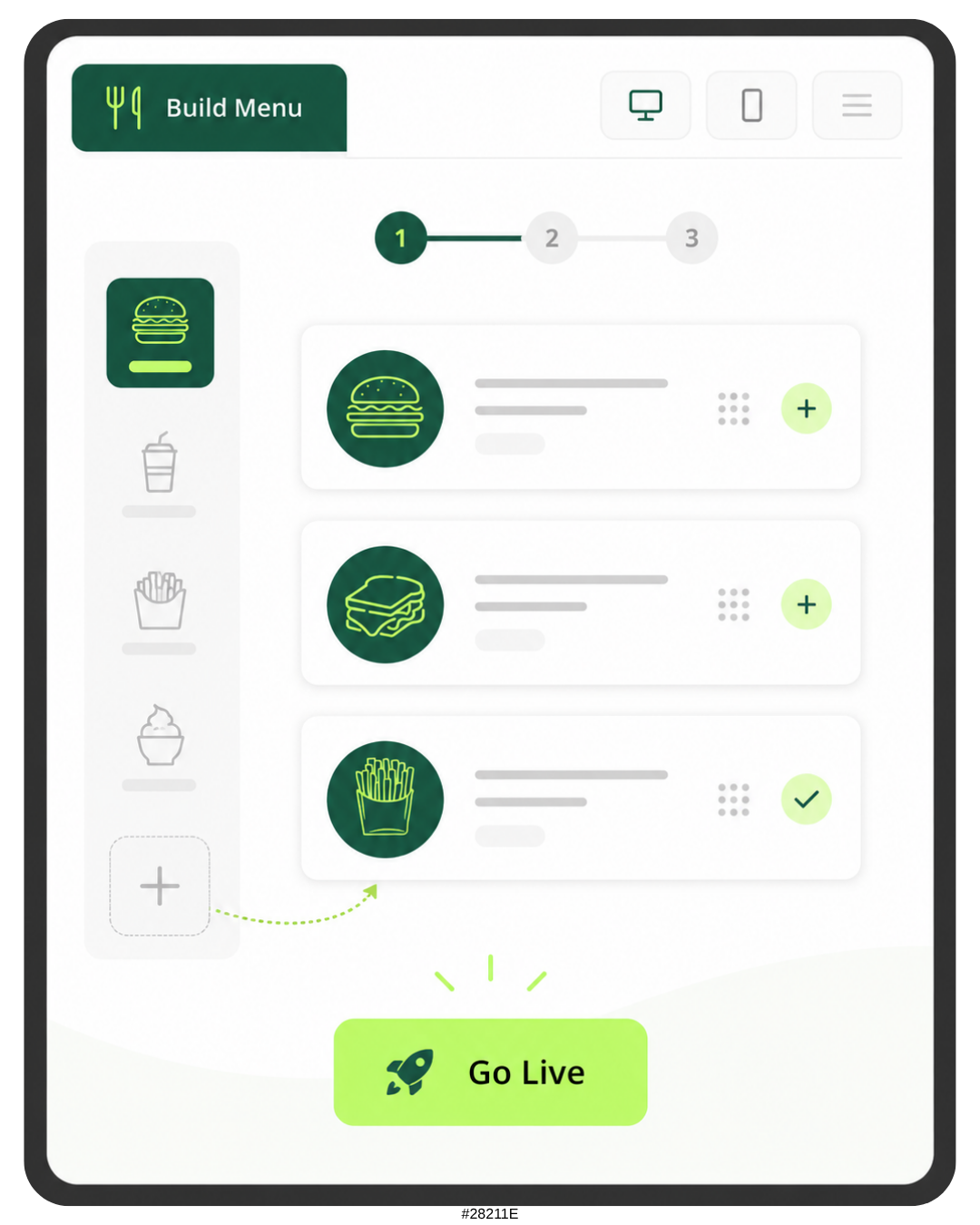 Mobile app interface for building a food order menu, featuring icons of a burger, sandwich, and fries, with options to add items and a 'Go Live' button at the bottom.