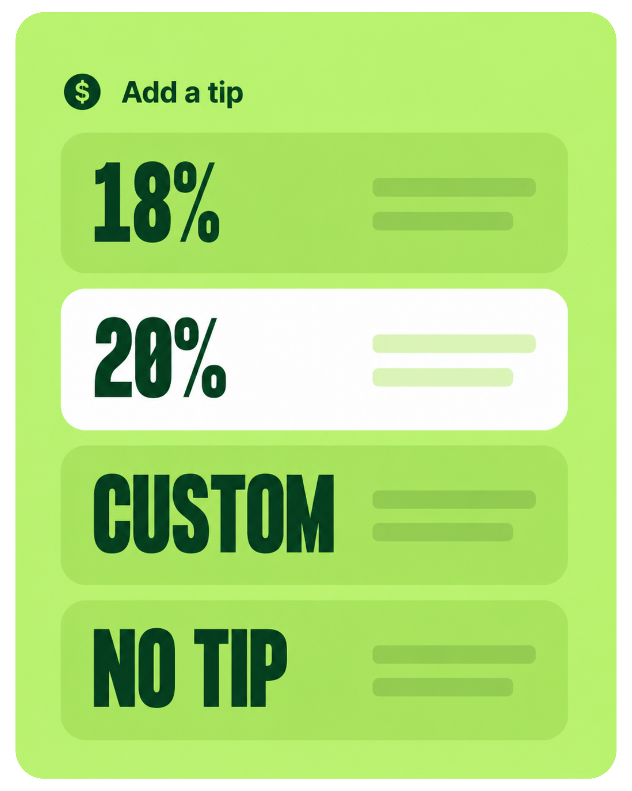 Clover tip screen with 18 percent 20 percent custom and no tip options