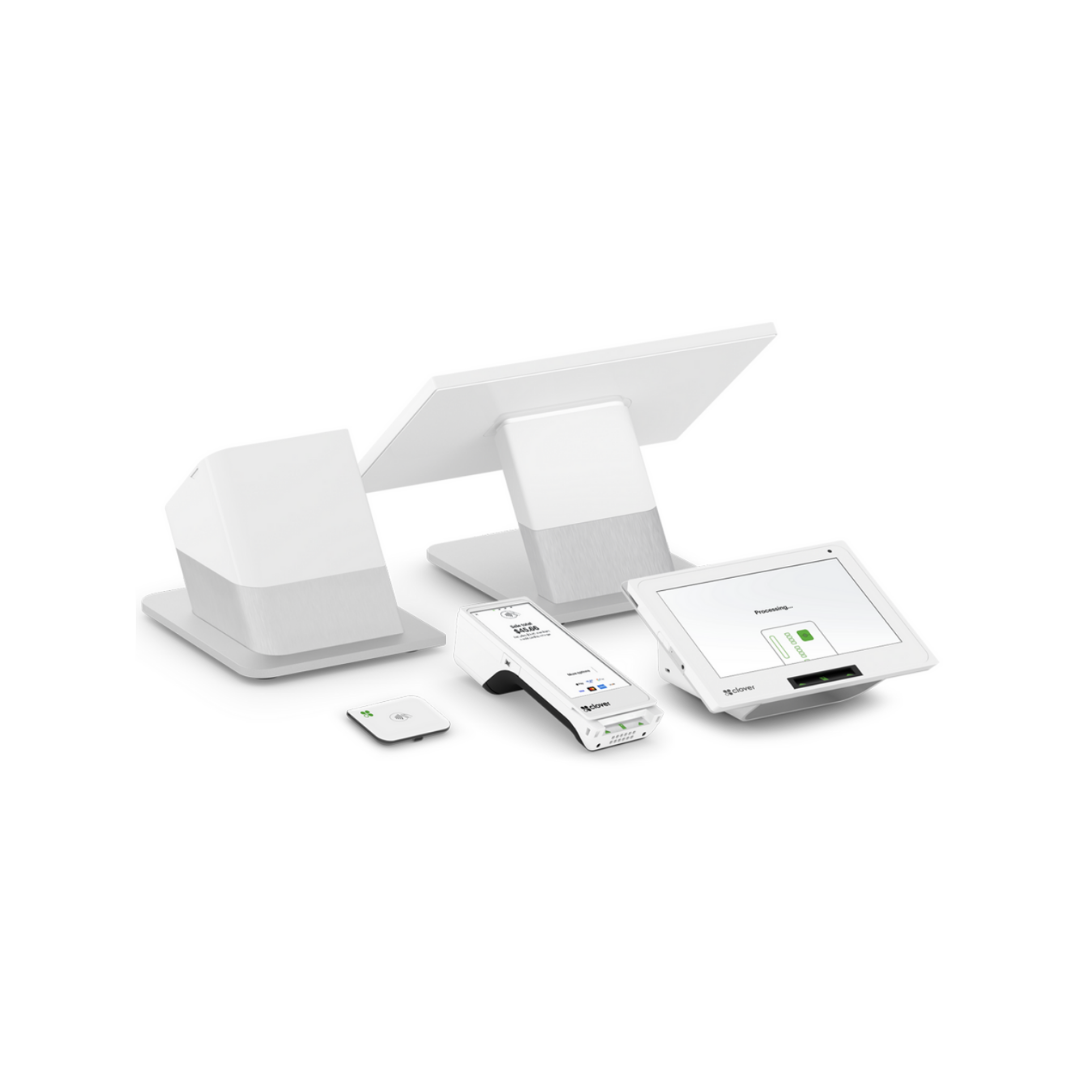 Collection of white electronic devices including a tablet, a handheld scanner, a small square device, and a stand, all on a plain white background.