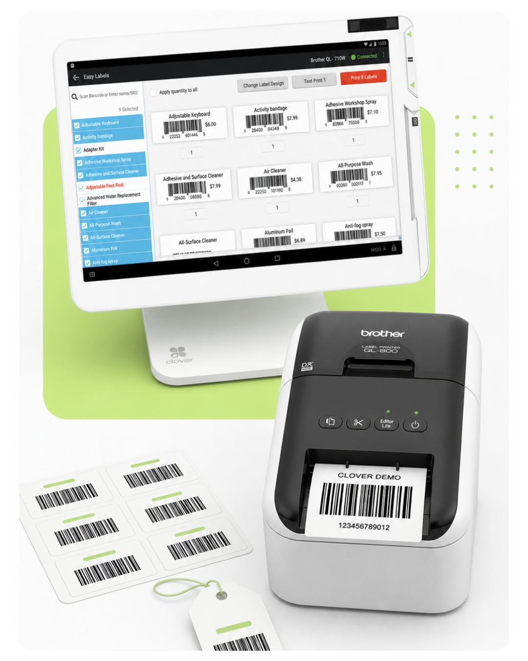 A barcode label printer producing barcode labels, with a computer screen displaying an inventory management system for printing product labels, and several printed barcode labels laid out on the table.