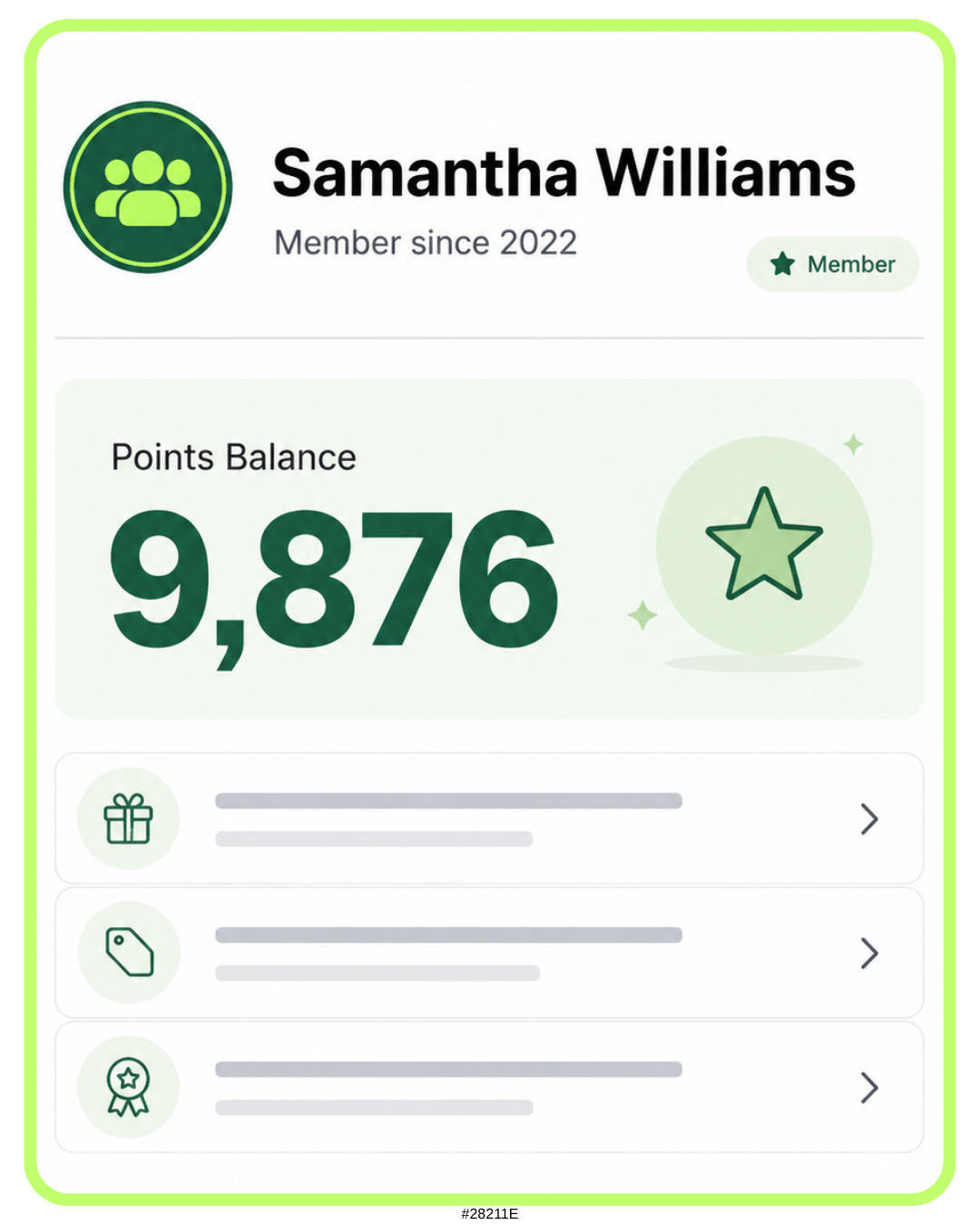 A digital reward program dashboard showing a user's points balance of 9,876 points, with icons for rewards, notifications, and achievements.