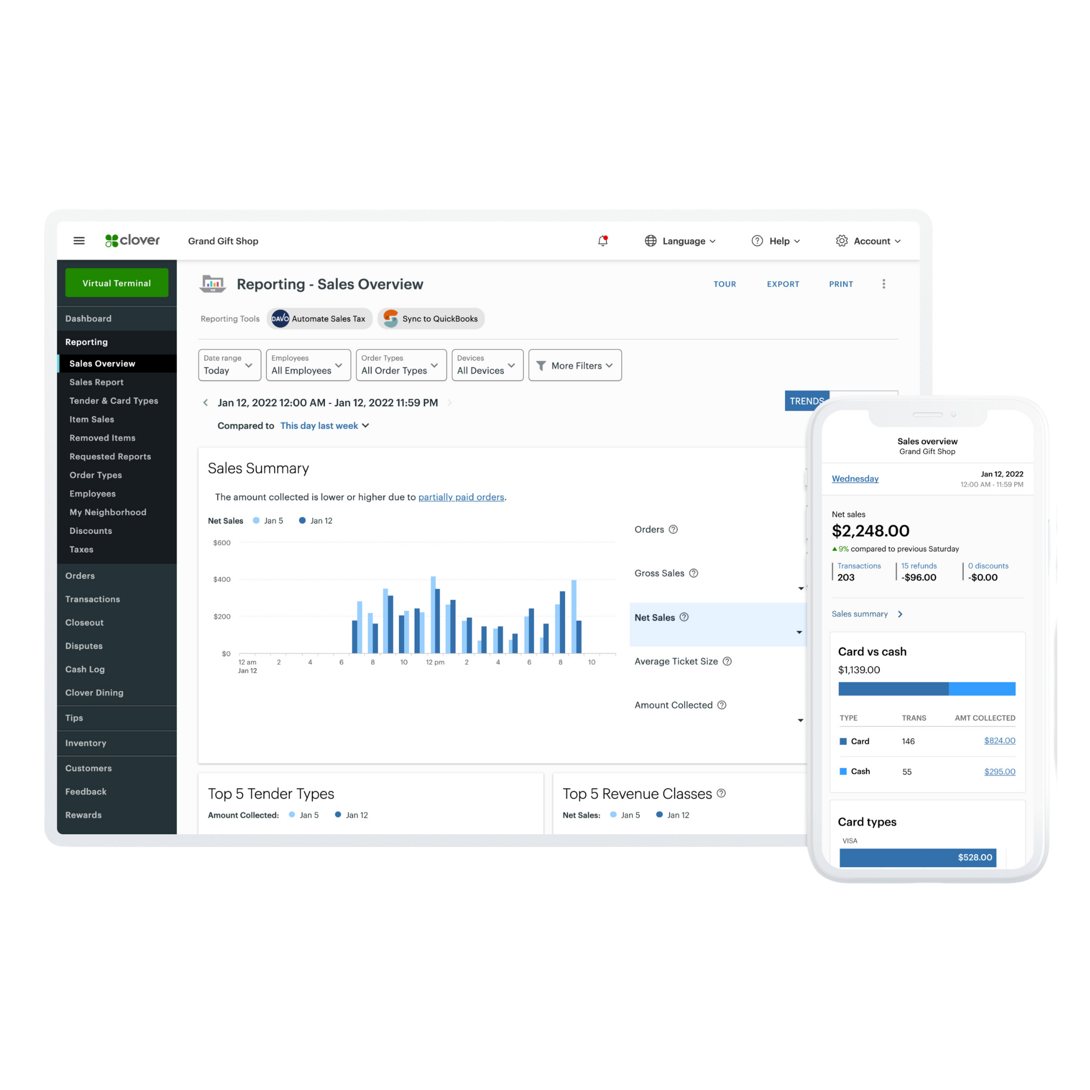 Clover Dashboard sales reporting on desktop and mobile
