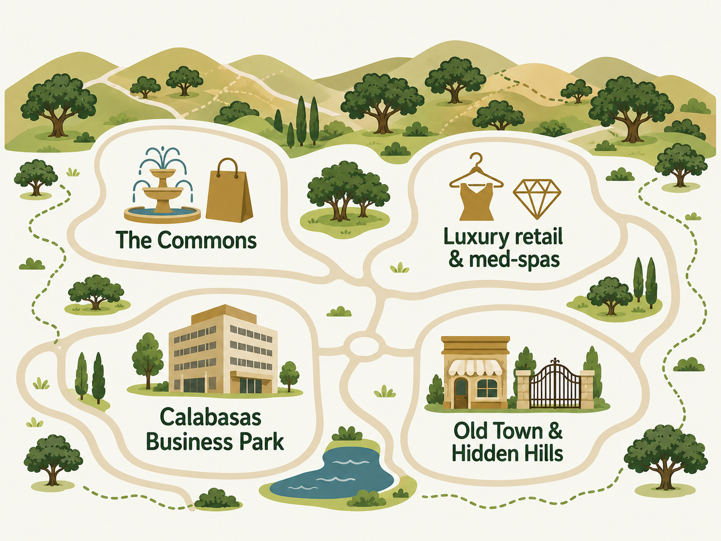 Illustrated map of Calabasas business areas: The Commons, Old Town Calabasas, the Calabasas Business Park, and Hidden Hills