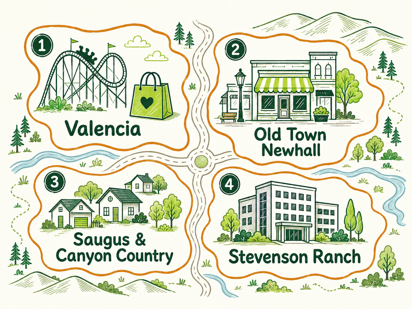 Illustrated map of Santa Clarita business areas: Valencia, Old Town Newhall, Saugus and Canyon Country, and Stevenson Ranch