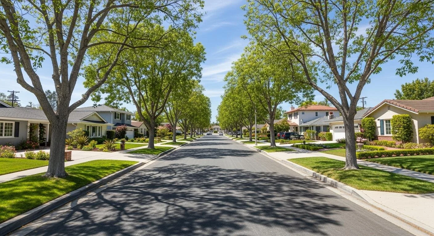 Tree-lined residential street in Encino