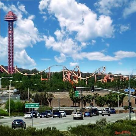 Valencia Town Center and the Six Flags Magic Mountain skyline in Santa Clarita, California