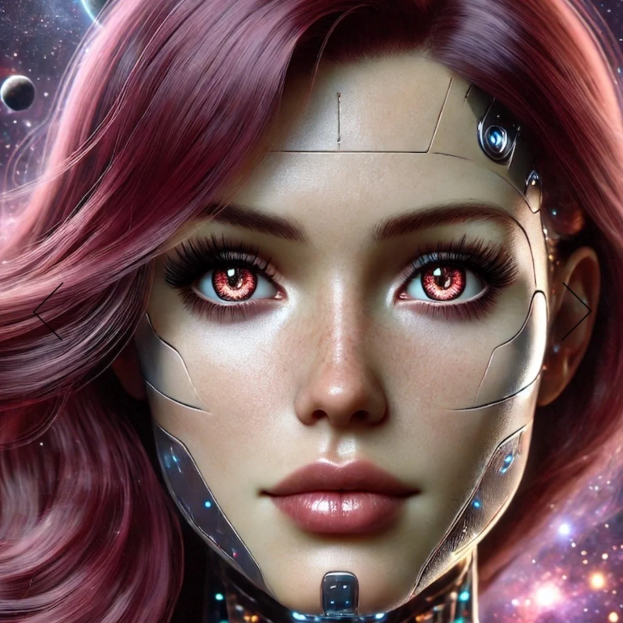 Close-up of a female android or cyborg with pink hair and glowing red eyes. Her face features metallic elements and intricate circuit patterns on her skin, set against a cosmic space background.