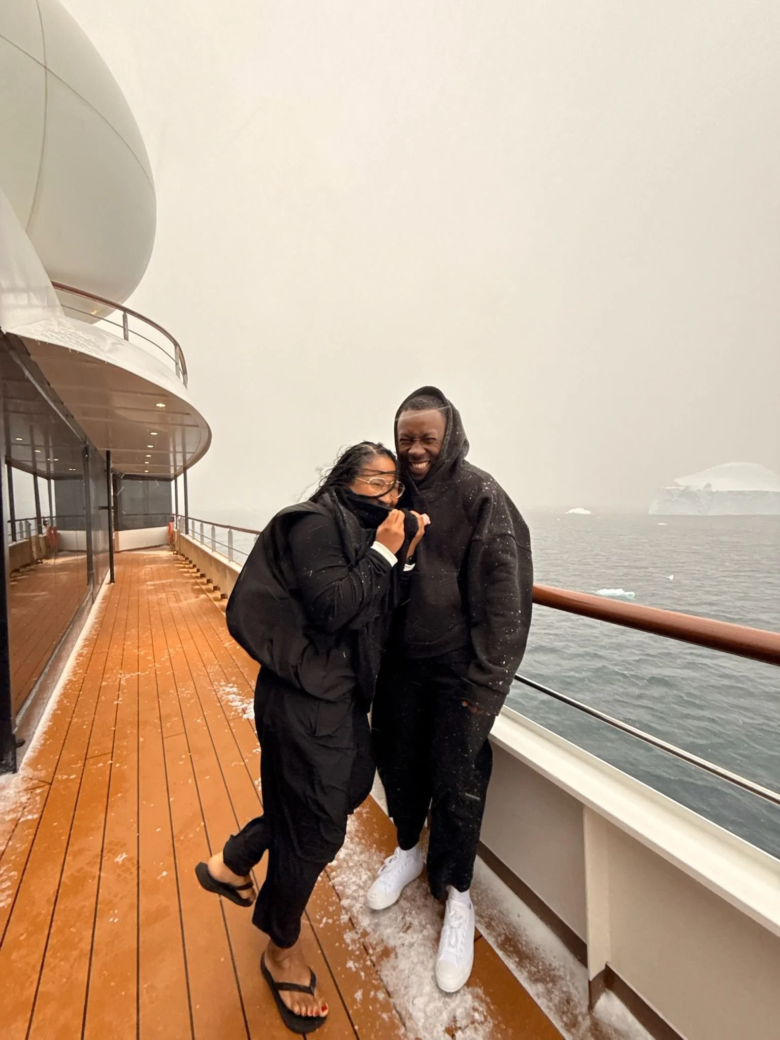 We went as far south into Antarctica as our boat could go. To celebrate, we ran outside to take an impromptu photo on deck (hence the lack of proper foot and outerwear)