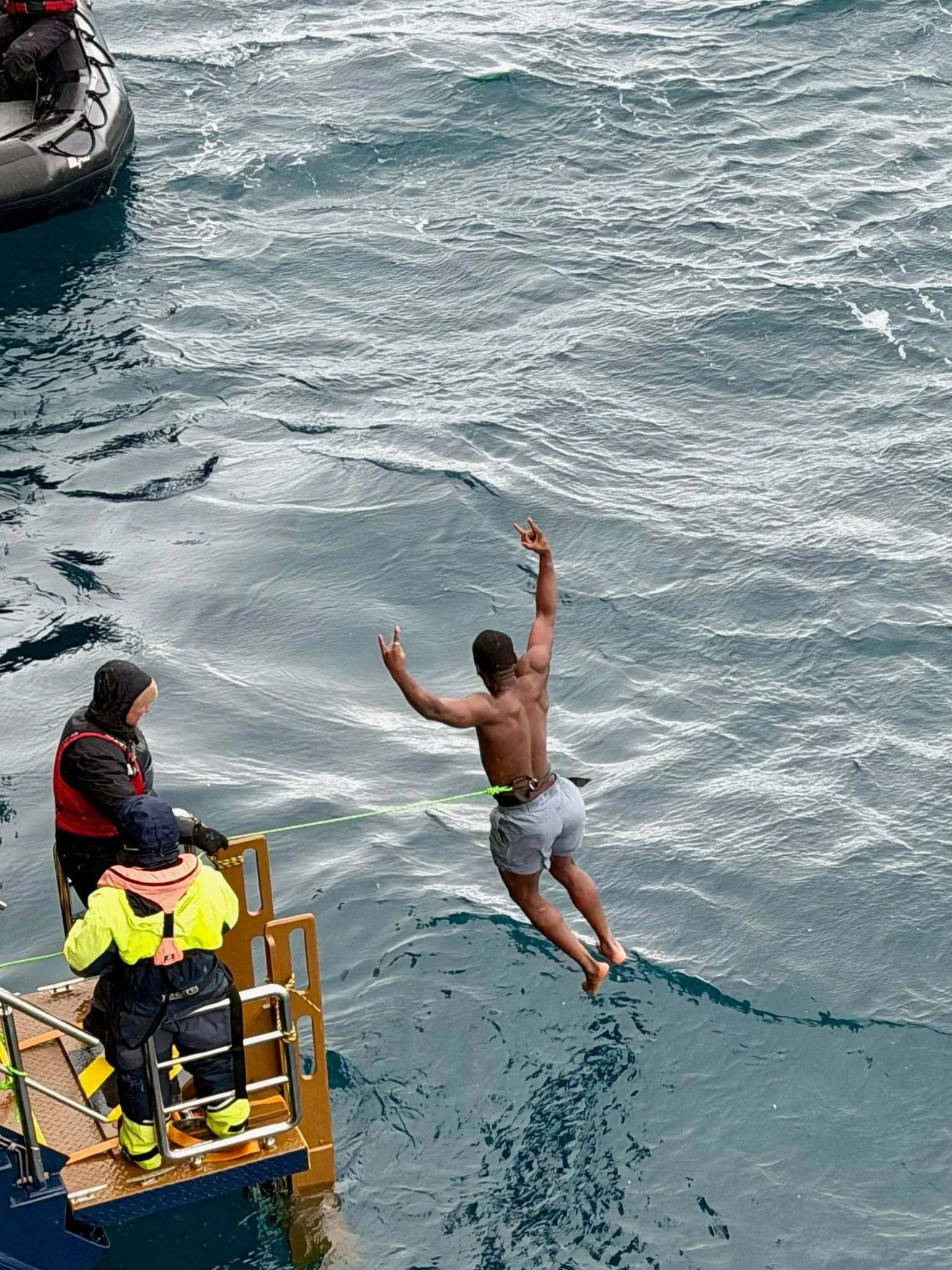 One of our ship mates caught Abdoul's polar plunge from the deck