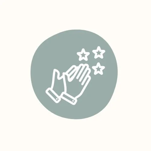light blue circle icon with white praise hands and stars