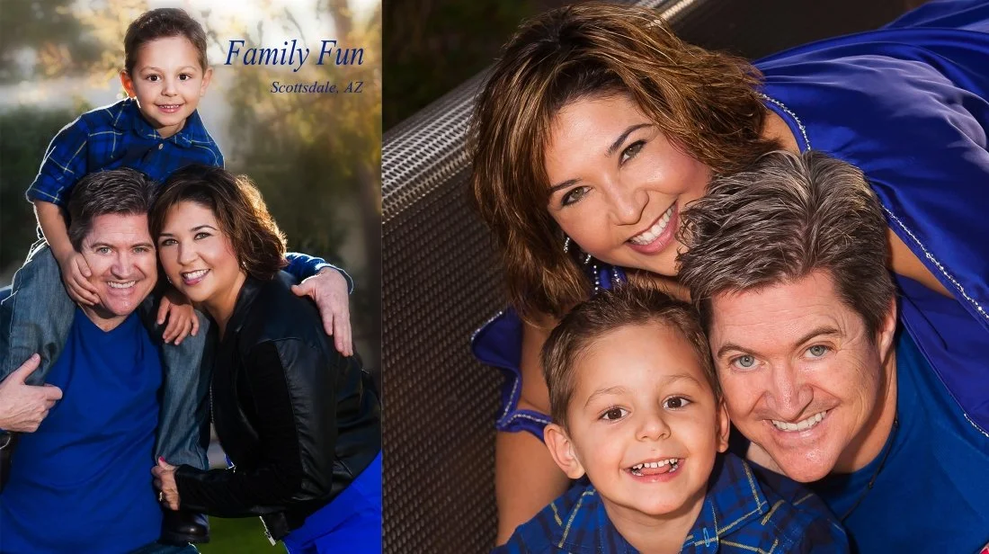 Family portrait with a man, woman, and young boy, all smiling, with a caption 'Family Fun Scottsdale, AZ,' taken outdoors and indoors.