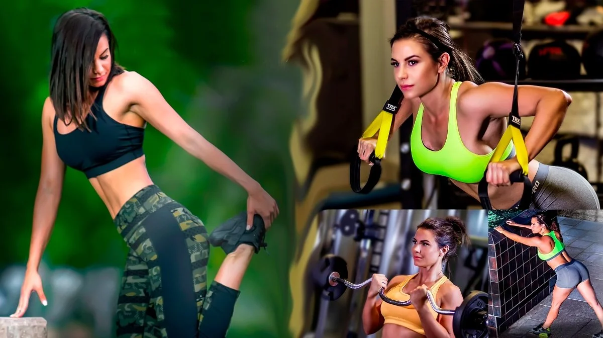 A collage of women working out, including one stretching outdoors, another doing suspension training in a gym, one lifting weights with a barbell, and another doing a wall push exercise.