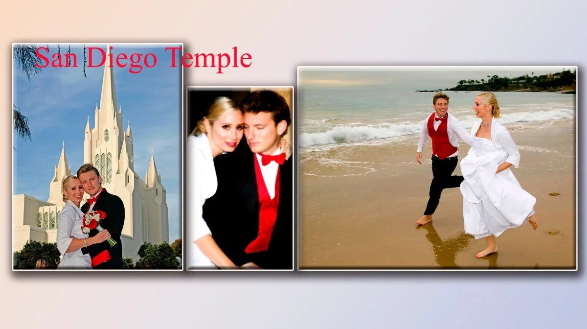 Collage of three wedding photos: First photo shows a bride and groom in front of San Diego Temple; second photo close-up of the couple in formal attire; third photo captures the couple running on the beach, holding hands and smiling.