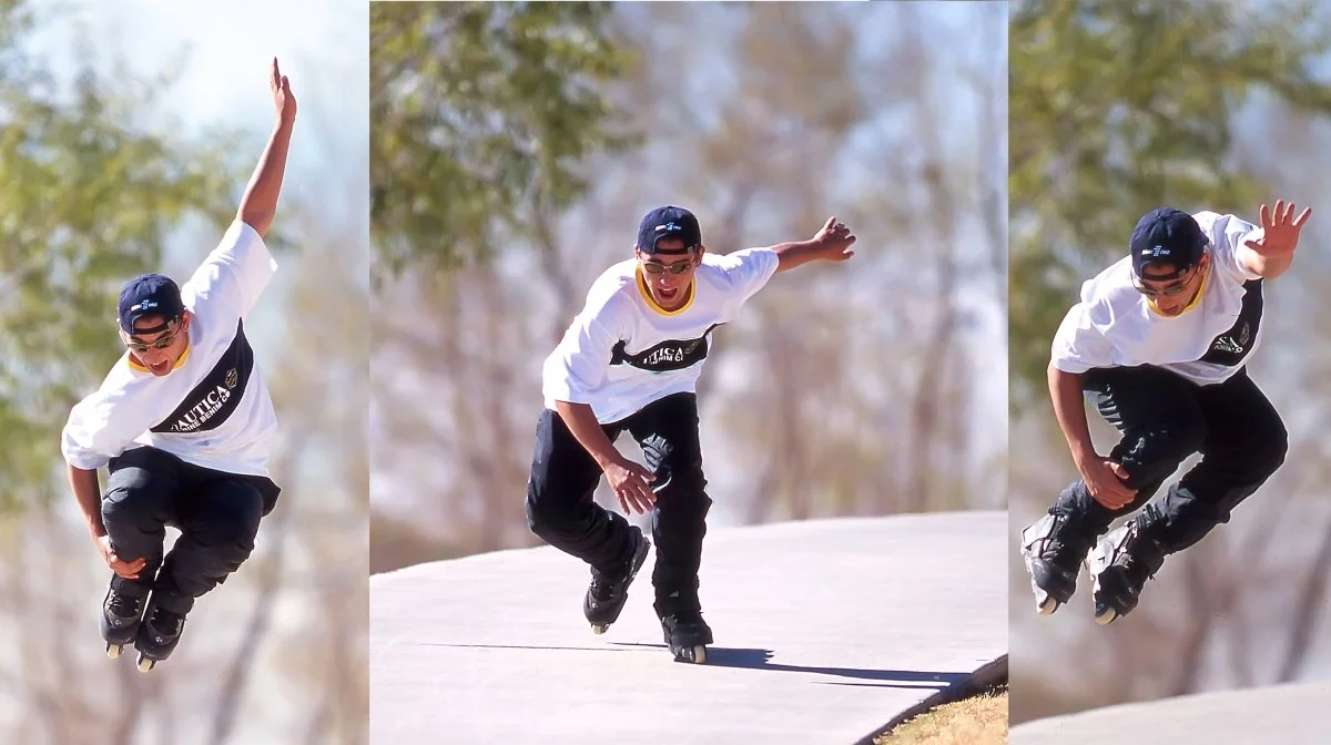 Three images of a young man rollerblading outdoors on a sunny day, wearing a white T-shirt, black pants, a blue cap, and sunglasses, with trees in the background.