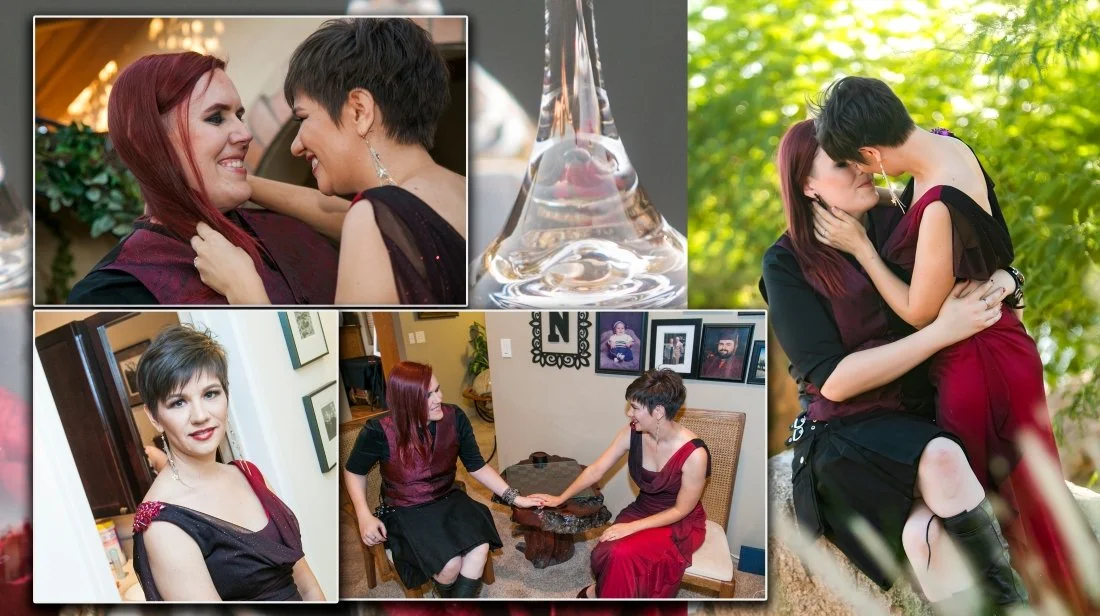 Multiple photos of two women with short hair, one with red hair and the other with dark hair, engaging in affectionate moments, including touching and kissing, indoors and outdoors. There is a close-up of a glass decanter and framed photos on the wal