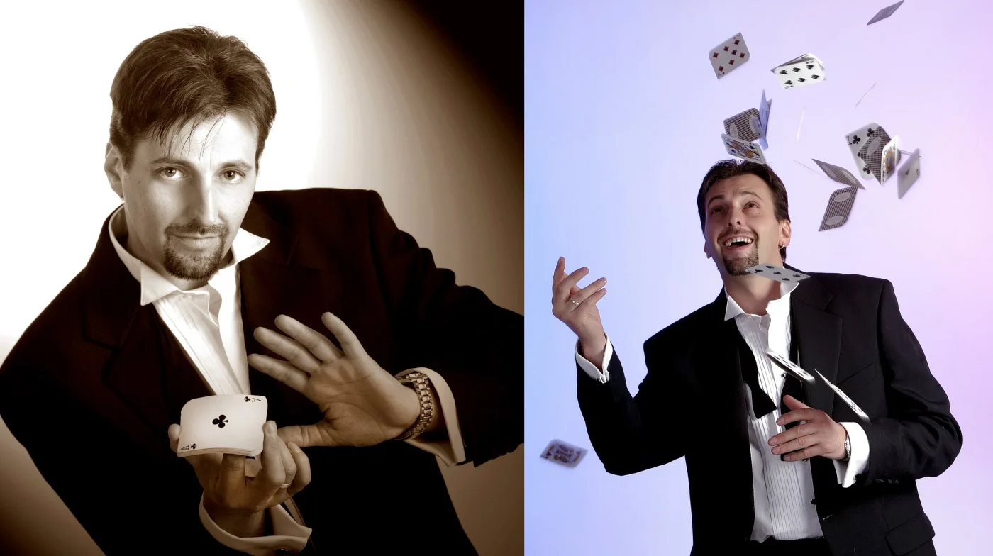 Split image of a magician and a juggler. The magician on the left, in black and white, holds playing cards. The juggler on the right, in color, throws playing cards into the air and appears happy.