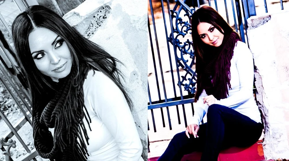 A young woman with dark hair, wearing a white top and a dark scarf, sitting outdoors near a decorative metal gate, with a mix of black-and-white and colored images.