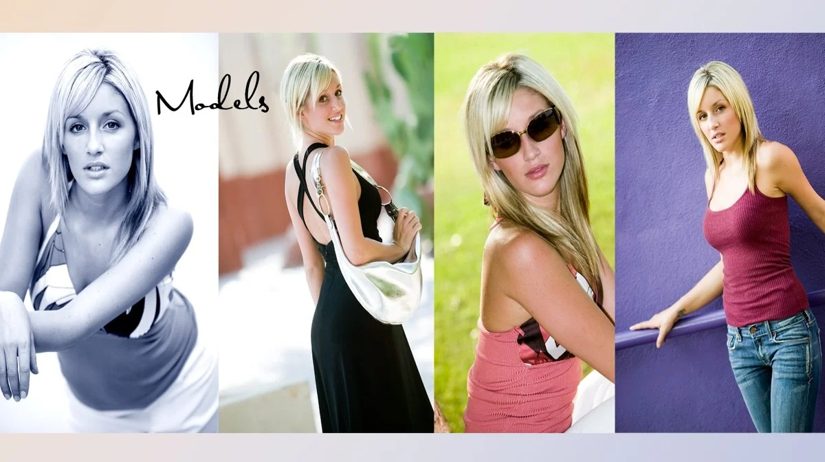 Collage of four images of the same blonde woman in different poses and outfits, with the text "Models" written across the first image.
