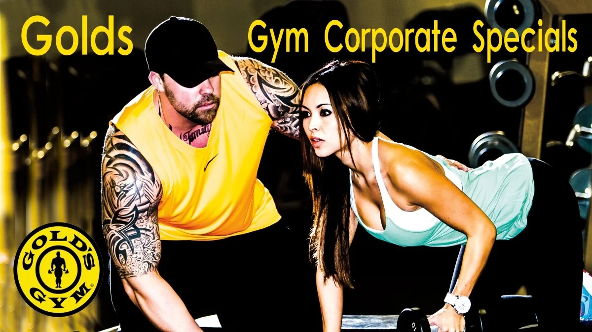 Two people working out at the gym, a man and a woman, with text overlay reading "Gold's Gym," "Golds," "Gym," "Corporate," and "Specials."