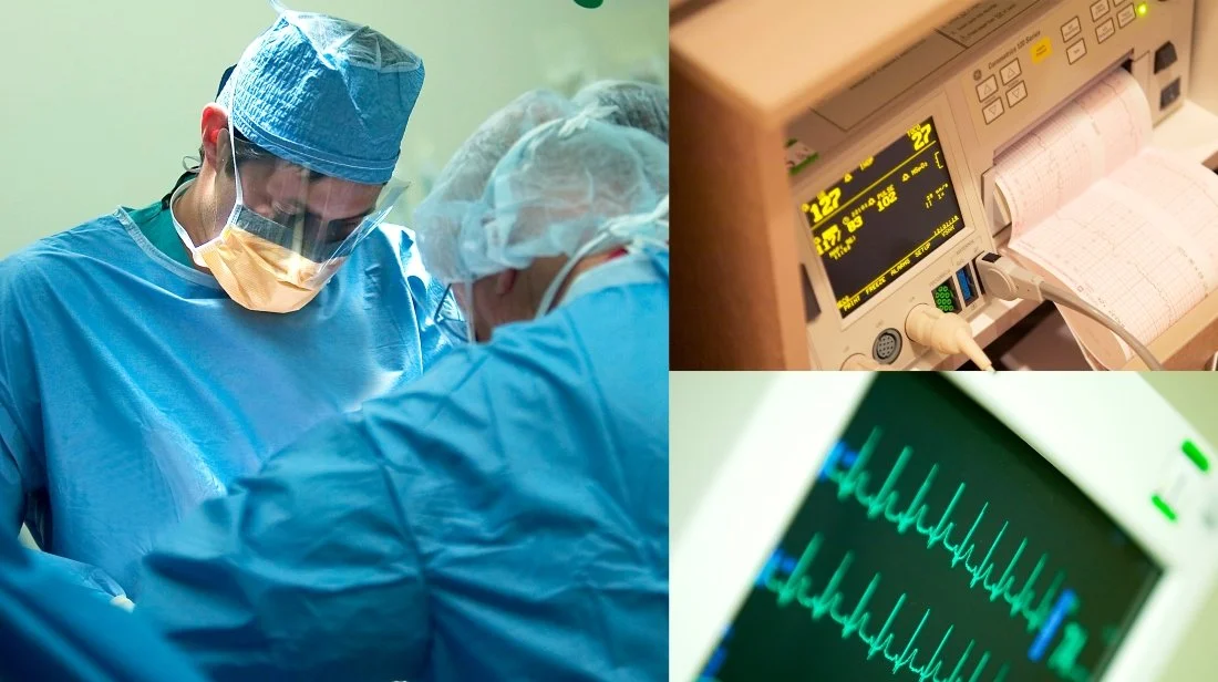 A collage of three images: a surgical team performing an operation, a patient monitor displaying heart rate data, and a medical device showing vital signs.