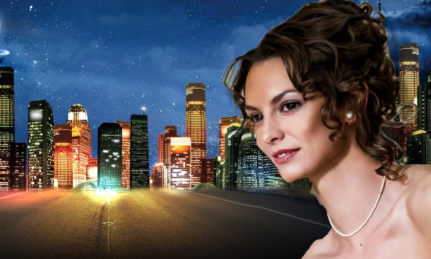 A woman with curly brown hair, pearl earrings, and a pearl necklace, looking to the side, with a city skyline lit up at night and a starry sky in the background.