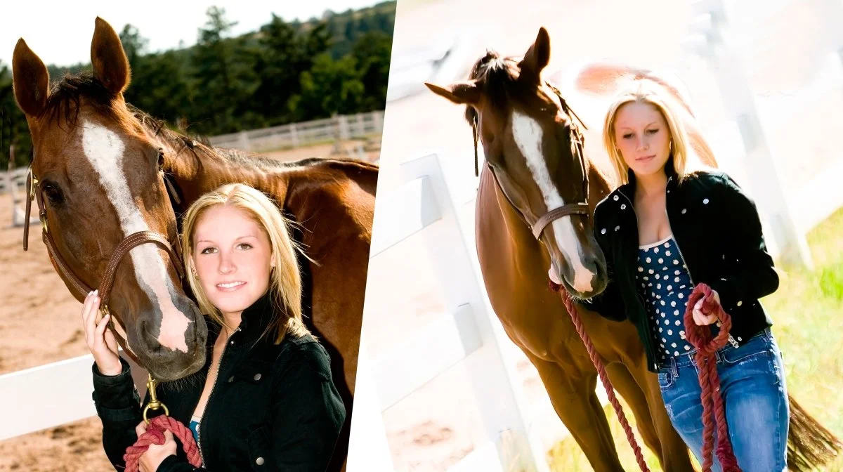 A young woman with blonde hair standing next to a brown horse with a white stripe on its face, both outdoors in a sunny area.