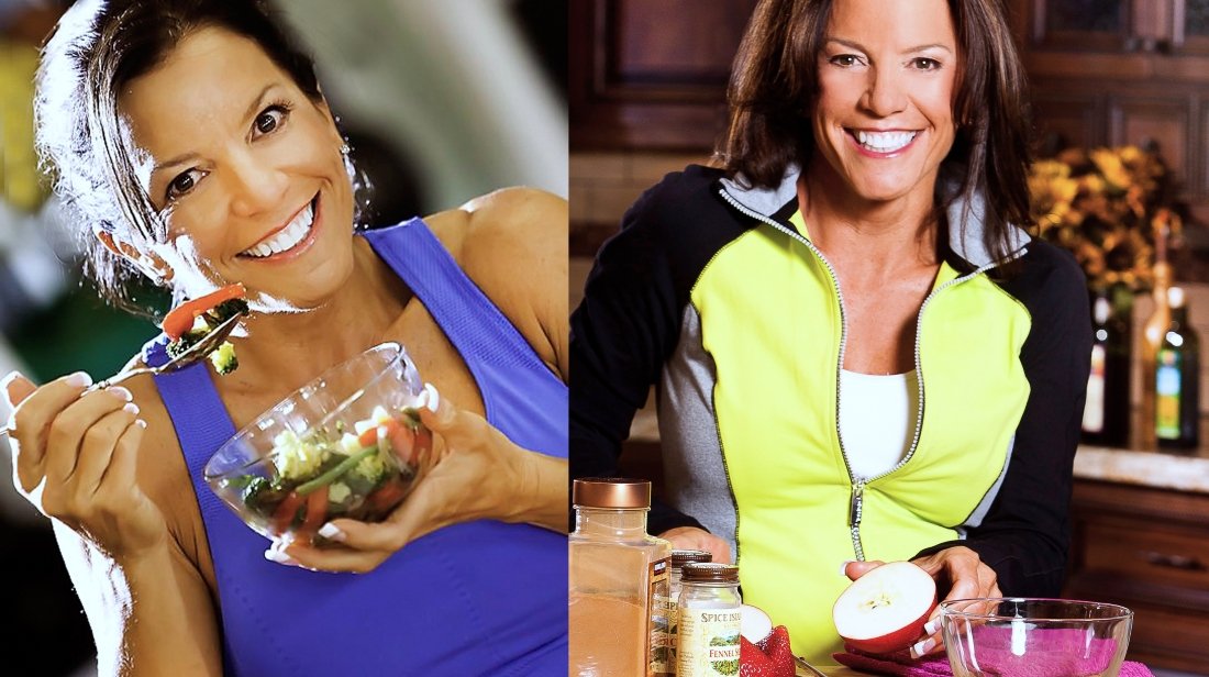 Split image with a woman on the left eating salad and a woman on the right preparing ingredients in a kitchen.