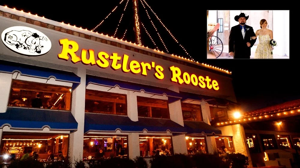Night view of Rustler's Rooste restaurant with bright yellow sign and string lights, view from outside showing the interior with diners.