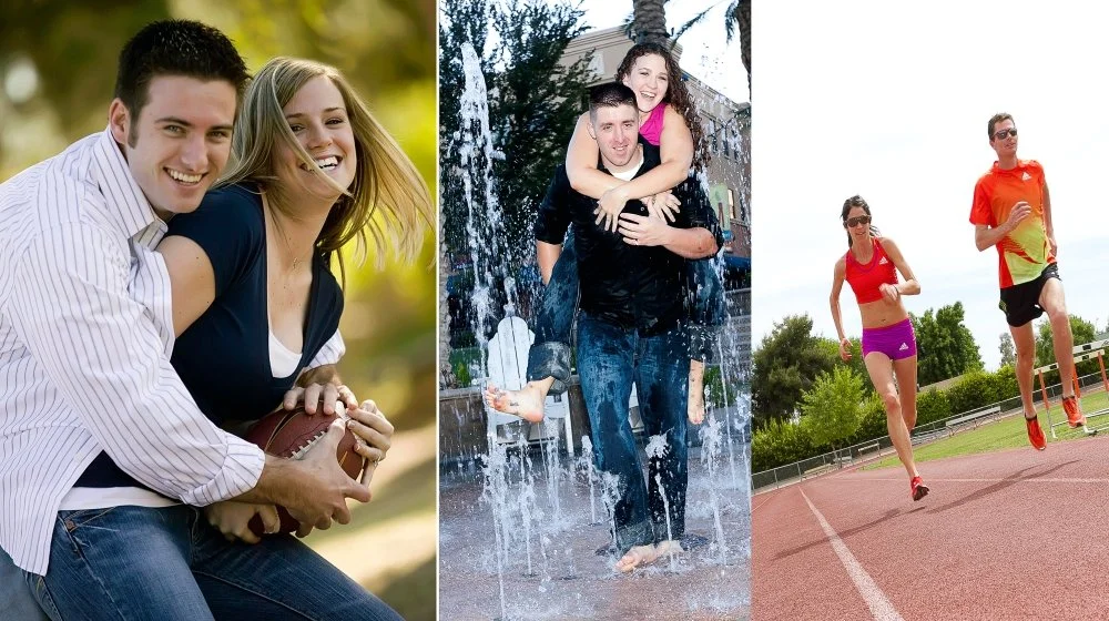 Three photos of people enjoying outdoor activities: a young man and woman holding a football, a man and woman playing in a fountain, and a man and woman running on a track.