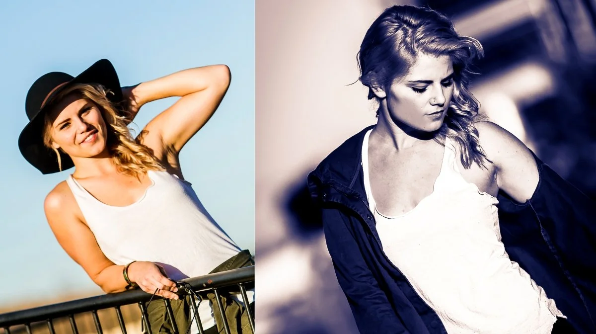 Side-by-side photos of a woman, left in color wearing a black hat, white tank top, and smiling, and right in black and white wearing a jacket and looking down.