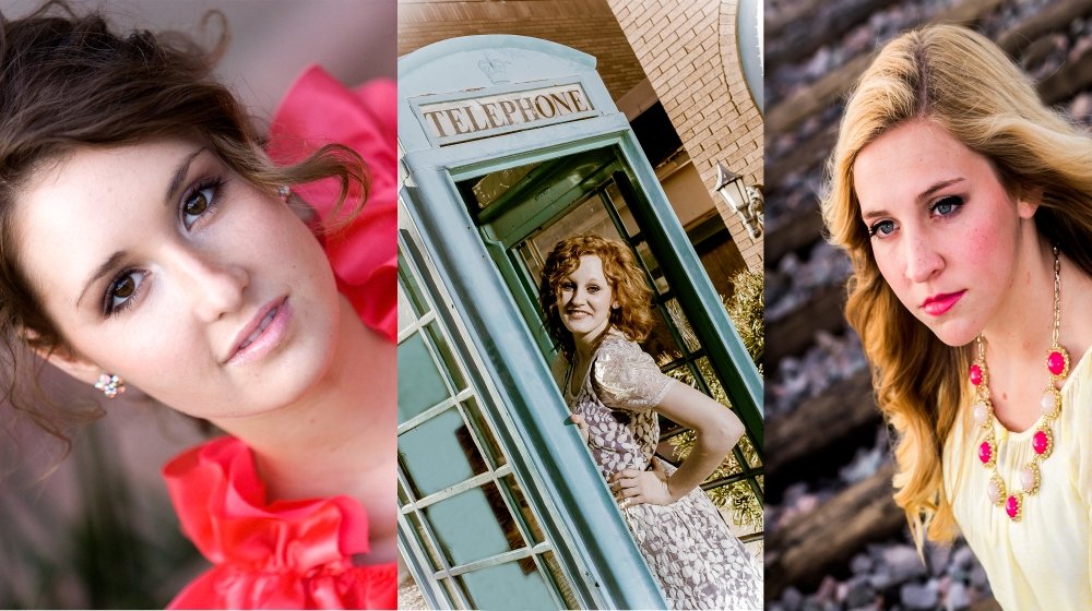 Three young women in different settings: one with wavy brown hair in a pink dress posing outdoors; one with curly red hair standing inside a vintage blue phone booth outdoors; and one with long blonde hair in a yellow top with pink jewelry outdoors.
